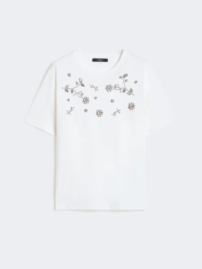 T-shirt en jersey orné d&rsquo;imprimés et de broderies, blanc