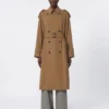 Trench-coat en gabardine de laine déperlante, marron