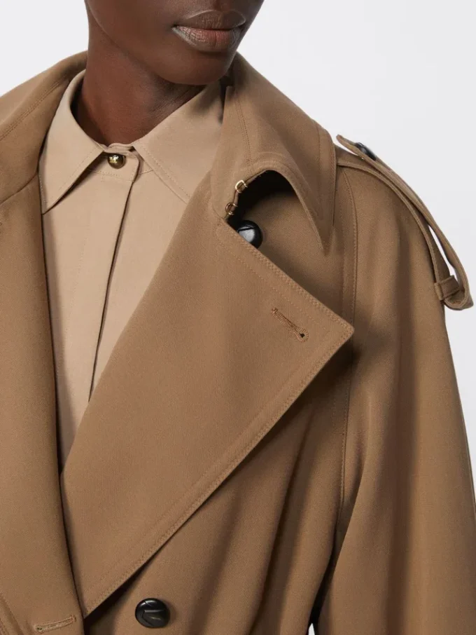 Trench-coat en gabardine de laine déperlante, marron