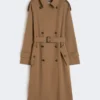 Trench-coat en gabardine de laine déperlante, marron