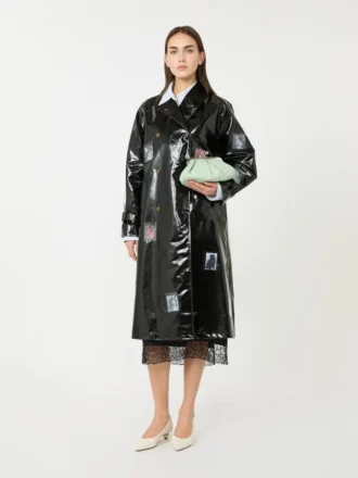 Trench-coat midi en gabardine effet vinyle, noir