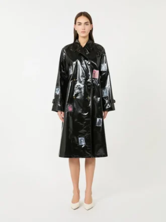 Trench-coat midi en gabardine effet vinyle, noir