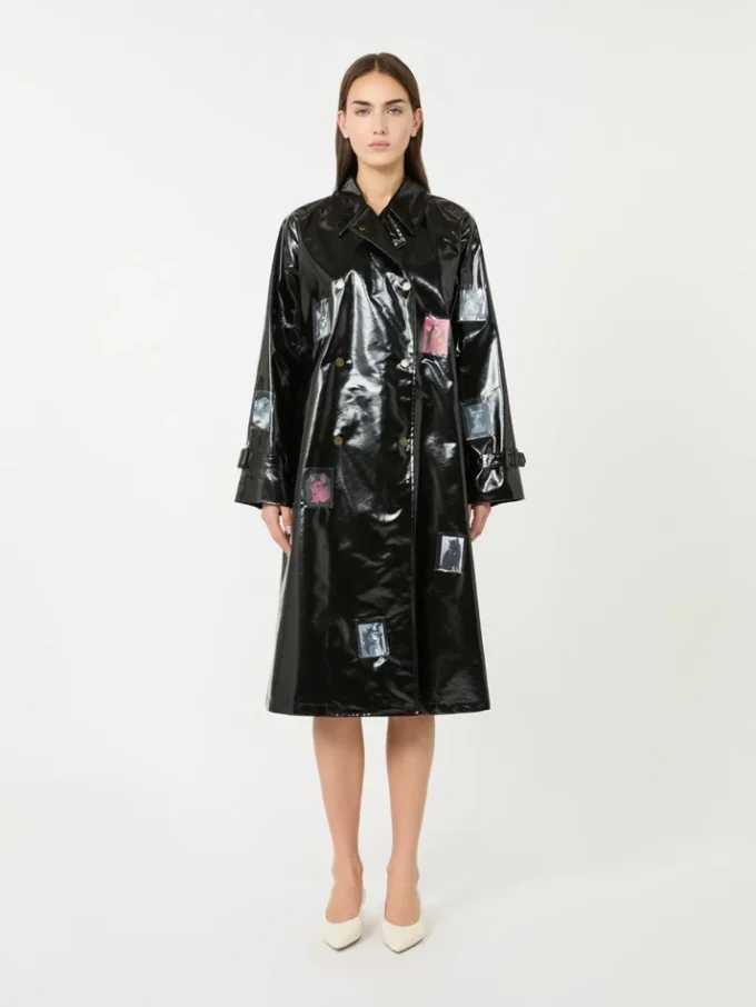 Trench-coat midi en gabardine effet vinyle, noir Trench-coat midi en gabardine effet vinyle, noir