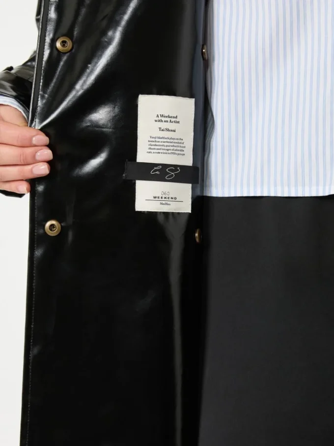 Trench-coat midi en gabardine effet vinyle, noir Trench-coat midi en gabardine effet vinyle, noir