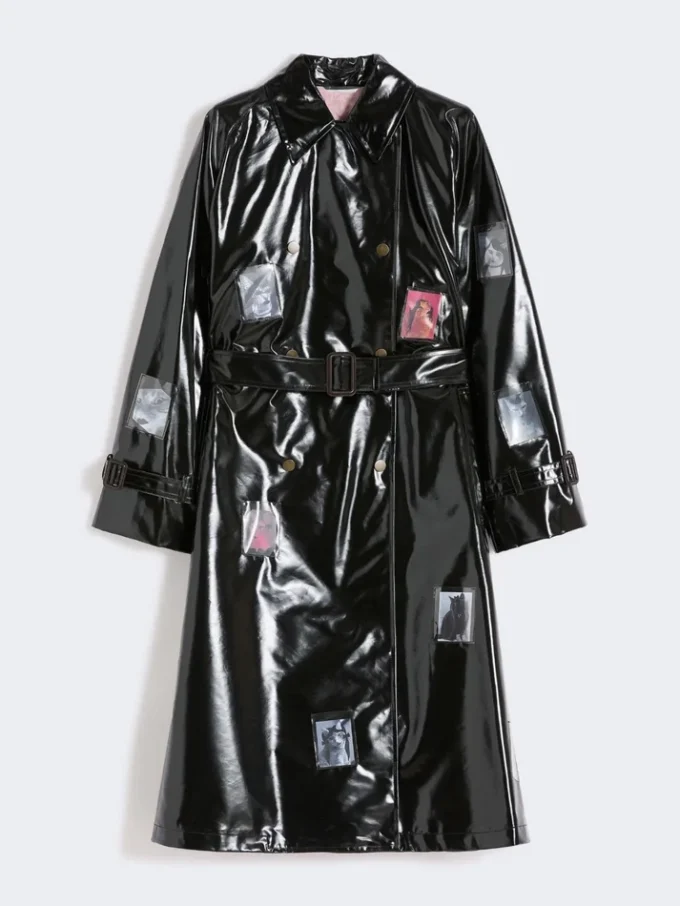 Trench-coat midi en gabardine effet vinyle, noir Trench-coat midi en gabardine effet vinyle, noir
