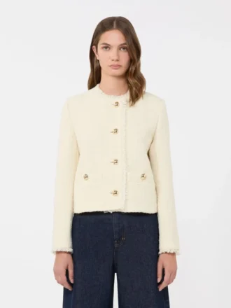Veste à col rond en laine mélangée, écru