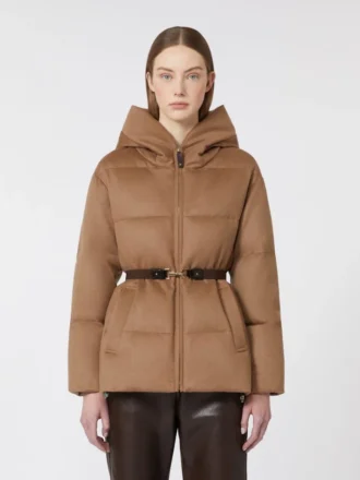 Veste courte en toile hydrofuge et duvet camel, couleur camel