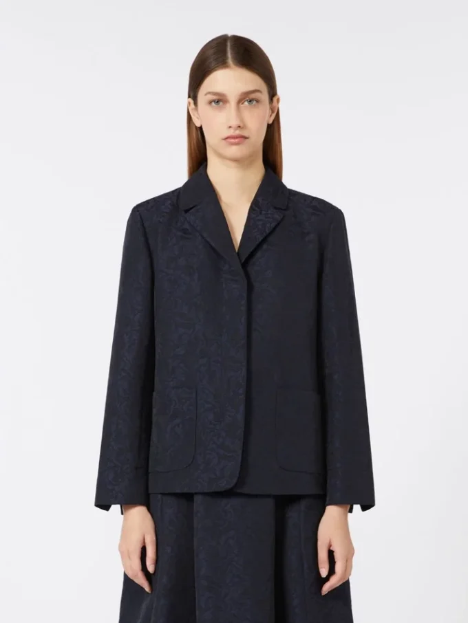 Veste jacquard à fleurs à simple boutonnage, bleu nuit