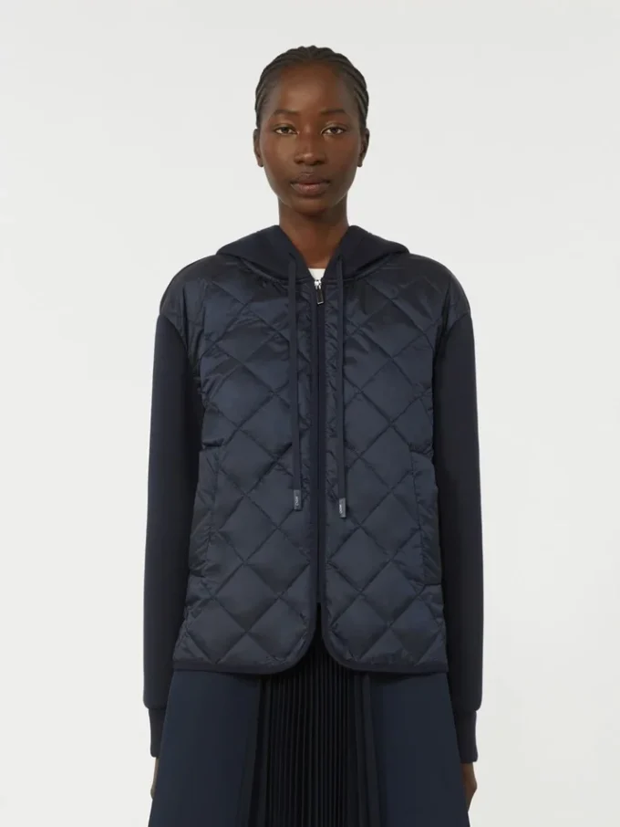 Veste matelassée à capuche en toile déperlante et jersey, bleu marine Veste matelassée à capuche en toile déperlante et jersey, bleu marine