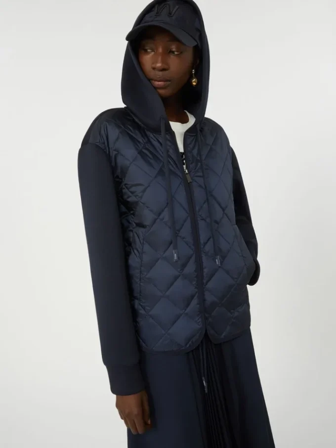 Veste matelassée à capuche en toile déperlante et jersey, bleu marine Veste matelassée à capuche en toile déperlante et jersey, bleu marine