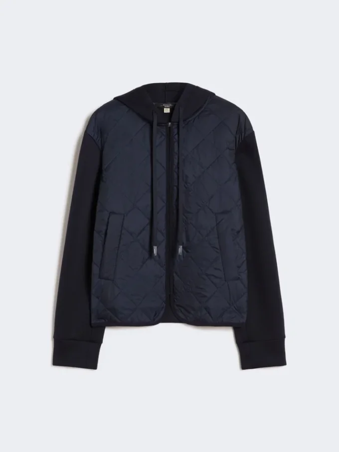 Veste matelassée à capuche en toile déperlante et jersey, bleu marine Veste matelassée à capuche en toile déperlante et jersey, bleu marine
