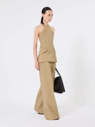 Veste sans manches en popeline de laine et soie, couleur camel