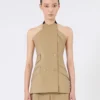 Veste sans manches en popeline de laine et soie, couleur camel Veste sans manches en popeline de laine et soie, couleur camel