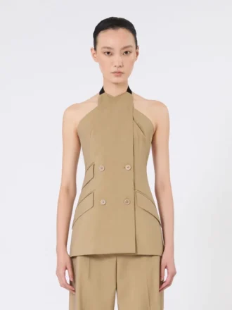 Veste sans manches en popeline de laine et soie, couleur camel
