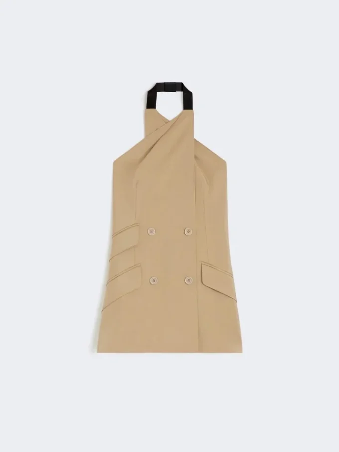 Veste sans manches en popeline de laine et soie, couleur camel Veste sans manches en popeline de laine et soie, couleur camel